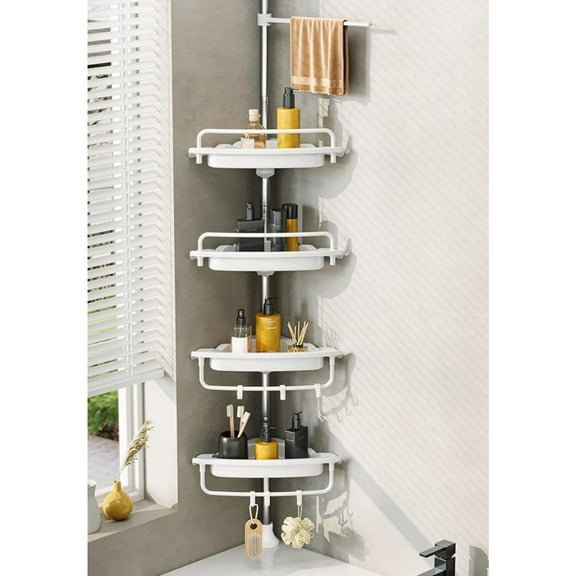 Upgrade  Shower Caddy Tension Pole Corner Shower Caddy Bathroom Organizer 18/8 Stainless Steel Rustproof 4 Tier Adjustable Shelves for Bathtub Shampoo Accessories Storage Rack 32-122inch