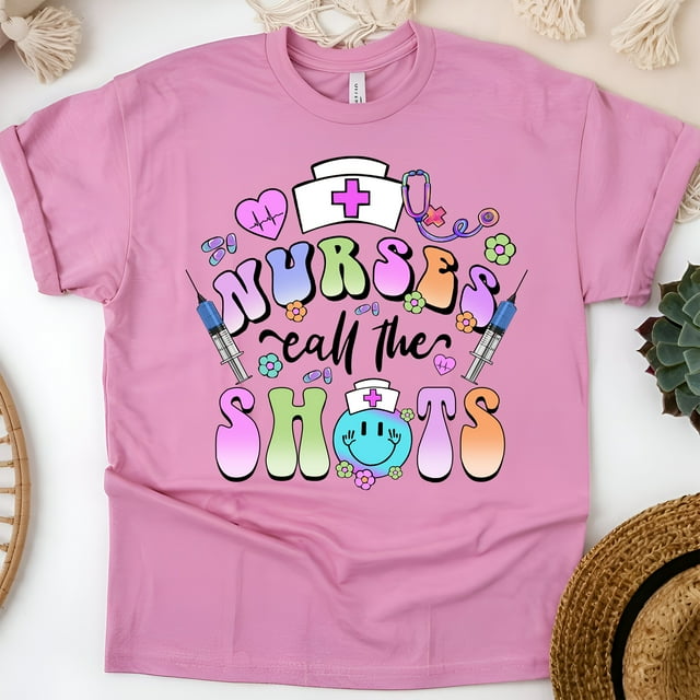 Nurses Call The Shots T-Shirt | Funny Nurse Graphic Tee with Syringe Design, Azalea, Size 2XL