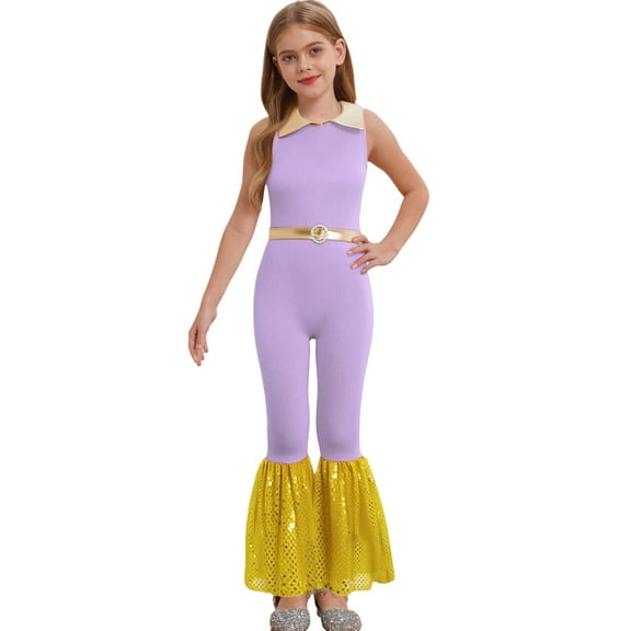 Miutii Kids Girls Sleeveless Sequin Flare Bell Bottom Jumpsuit Pants Color Block Belted Prom Leotard Light Purple 16