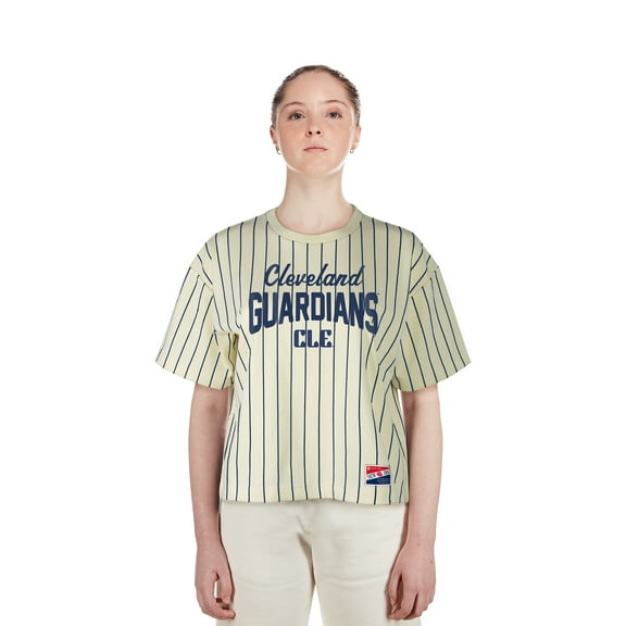 Women's-New Era  Cream Cleveland Guardians City Connect Multiplier Pinstripe Cropped T-Shirt