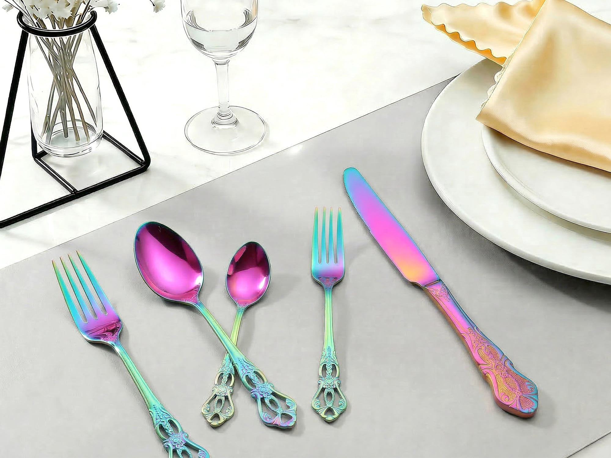 Unique Bargains 30 Piece Silverware Stainless Steel Flatware Set with Openwork Colorful