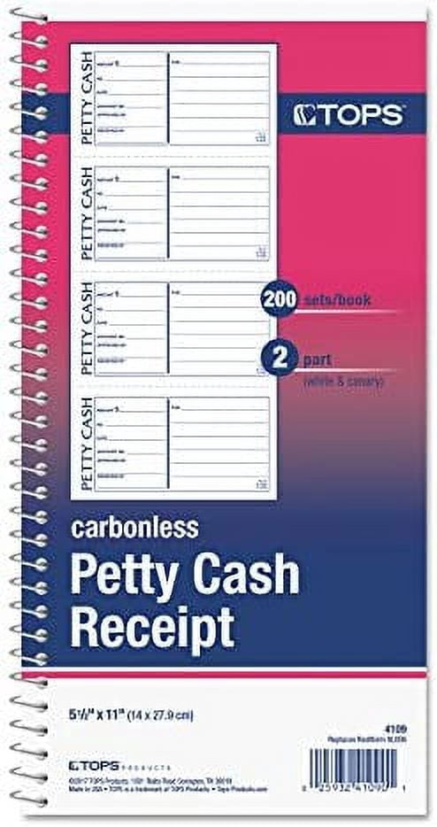 TOPS-2PK TOPS Petty Cash Receipt Book, 5 1/2 x 11, Two-Part Carbonless, 200 Sets/Book (4109)