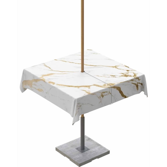 Fsddascl White Gold Abstract Outdoor Tablecloth - 54x54 Inch Square Dining Table Cover, Modern Marble Geometric Waterproof Outdoor Table Cloth with Umbrella Hole & Zipper for Picnic/Patio/Party