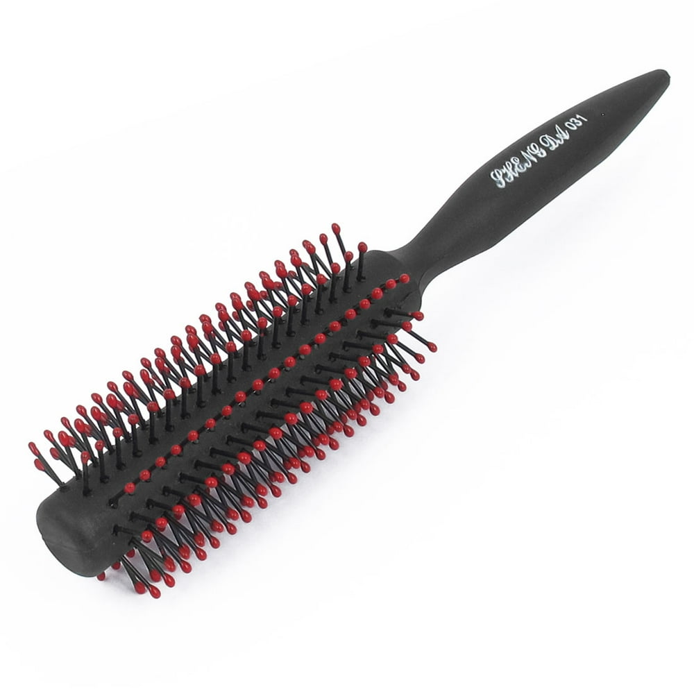 Black Plastic Tapering Handle Round Brush Bristles Curly Hair Comb