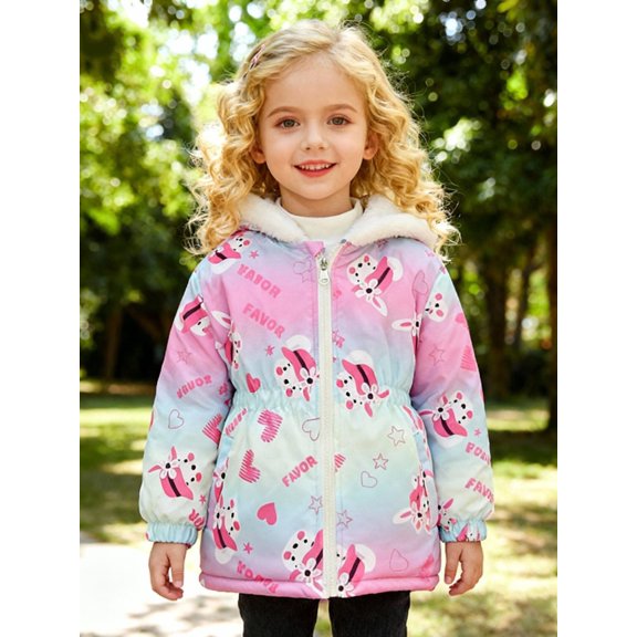 Hotiary 2- 10Y Toddler Little Girls Winter Warm Thickened Fleece Lined Hooded Coat Cartoon Printed Long Sleeve Zipper Jackets Coats Outerwear