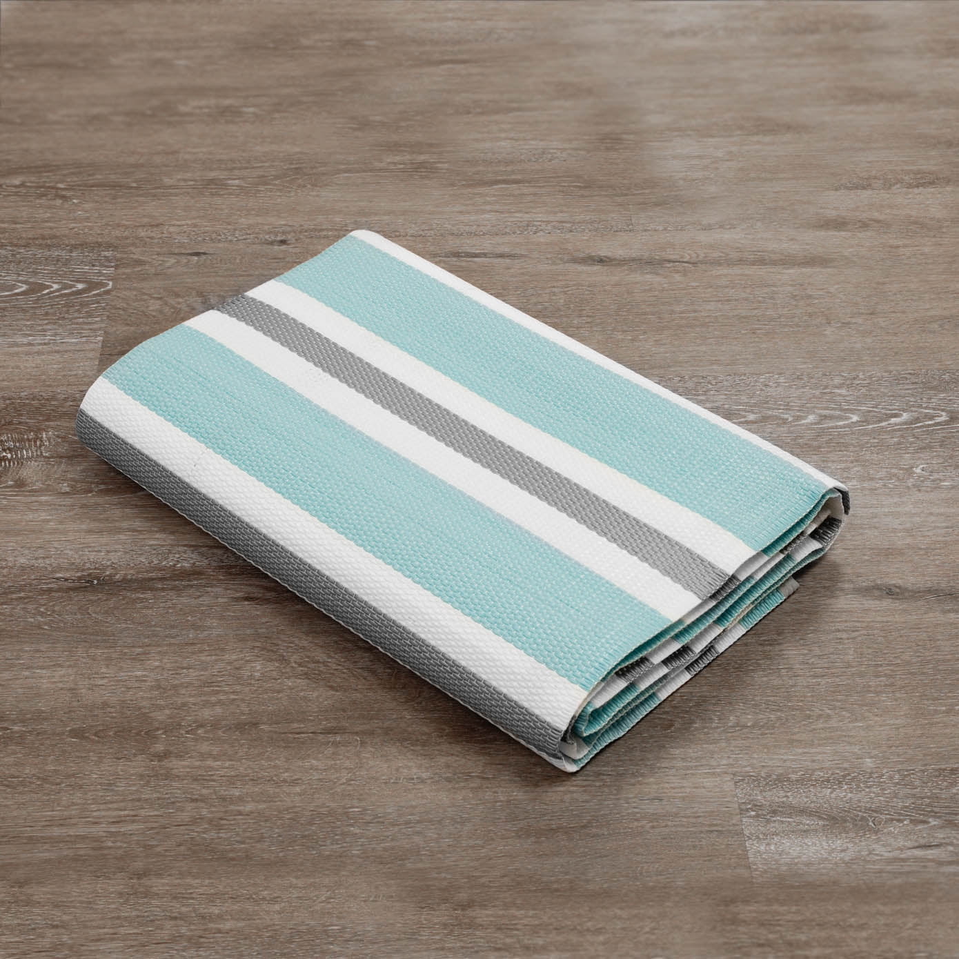 Luna Contemporary Stripe Sky and Gray Polypropylene Reversible Plastic Straw Outdoor Area Rug, 8'11'' x 11'10'' Rectangle