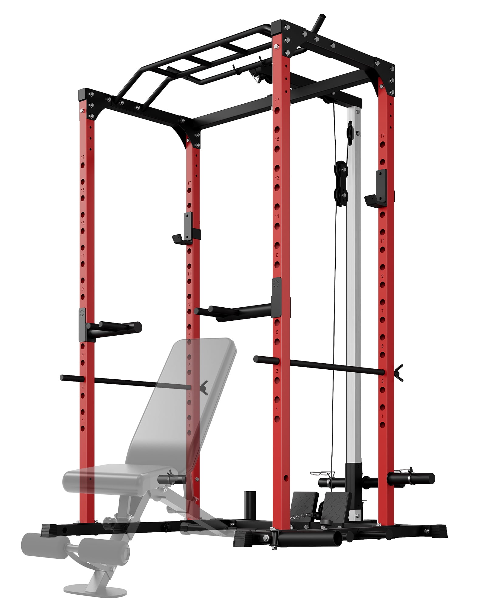 JoanKaren Power Cage with Lat Pull Down & Low Row System,Multi-Functional Squat Rack with J-Hooks,360°Landmine Attachment,Black
