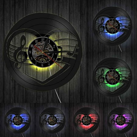 Treble Bass Clef Heart Wall Clock Music Studio Room Wall Decor Music Notes Heart Vinyl Record Clock Musicians Valentines Gift With LED