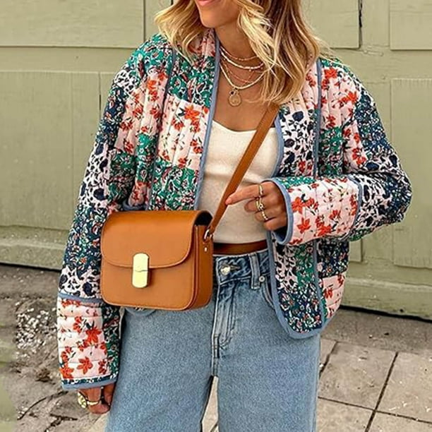 Parkas de manga larga para mujer, chaqueta acolchada corta, cárdigan con estampado floral, manga larga, parte delantera abierta, abrigos acolchados cortos, abrigo para mujer