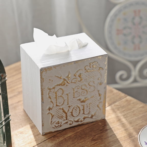 Vintage Distressed White Wooden Tissue Box Cover with Bless You Embossed Design - Rustic Farmhouse Decor for Bathroom, Living Room (White)