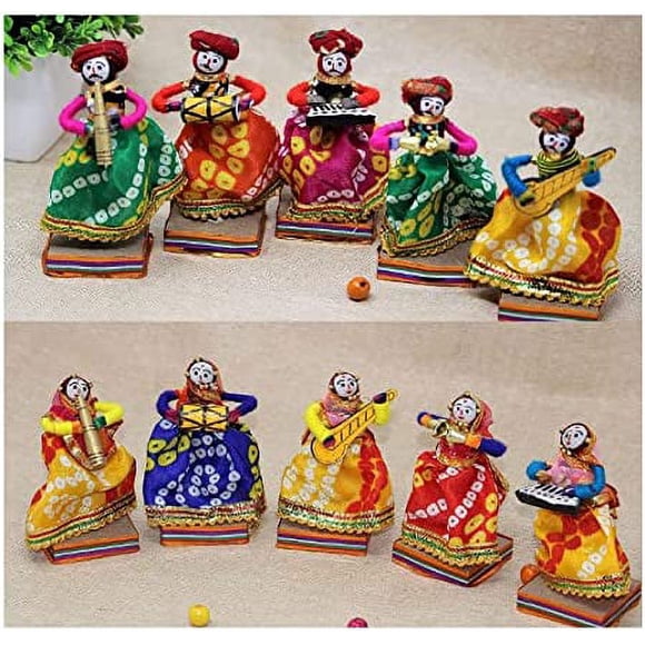 Rajasthani Ensemble de 10 Figurines/marionnettes de Musicien Bawla en Matériau Recyclé (Env. 28 x 5 x 11 cm), Statue Décorative