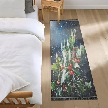 Bed Long Carpet Bed Rug 72x23.5In Indoor Non-Slip Durable Carpet Floor Mat Runner Rug Bedroom Hallway Carpet Machine Washable Christmas Holly and Mistletoe Pattern