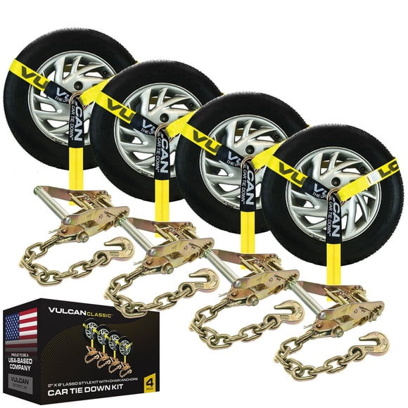 Amarre para automóvil VULCAN con anclajes de cadena - Estilo lazo - 2 pulgadas x 96 pulgadas - Paquete de 4 - PROSeries - Carga de trabajo segura de 3,300 libras