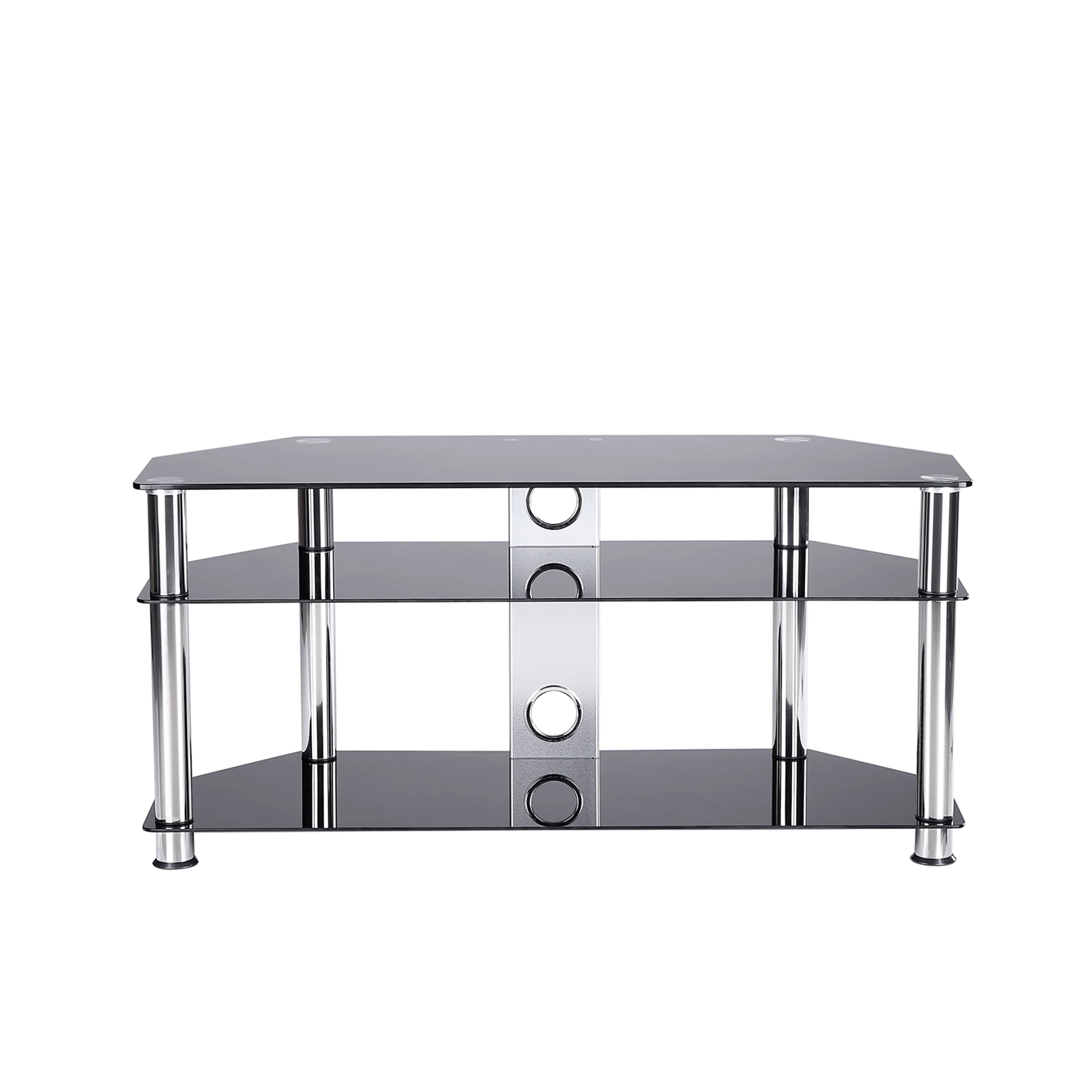 Rfiver Black Tempered Glass Floor Tv Stand With Chrome Legs For Most Tvs Up To 50 Ts2002