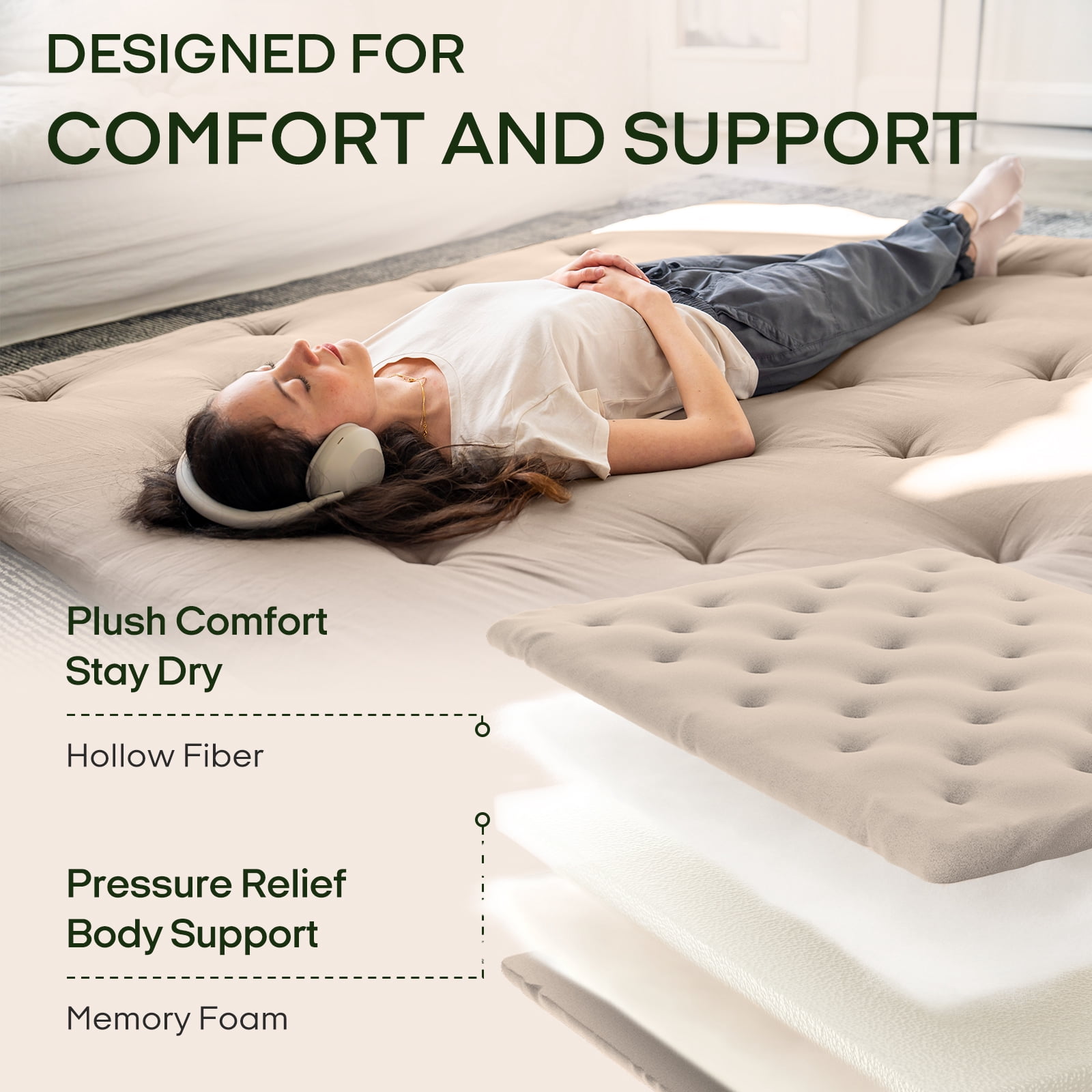 Zonli Japanese Floor Futon Mattress, 2.5" Cotton Folding Tatami Pad, Twin 75"x39", Khaki