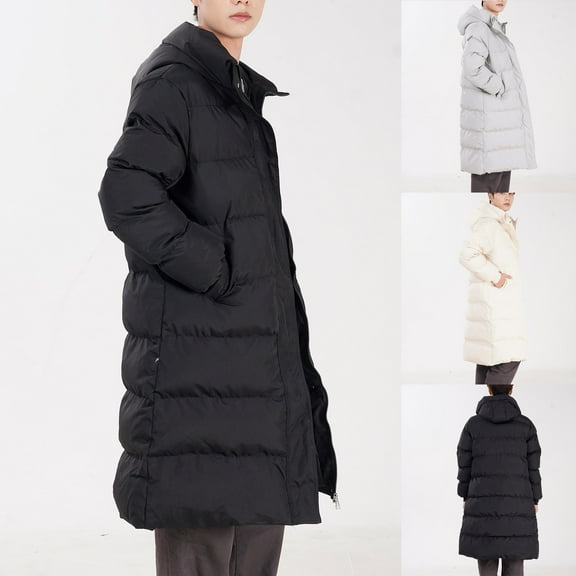 FRSASU Men's Winter Full-Zip Thick Hooded Cotton Mid-Long Parka Jacket Coat Long Sleeved Cotton Jacket with Pockets Gray