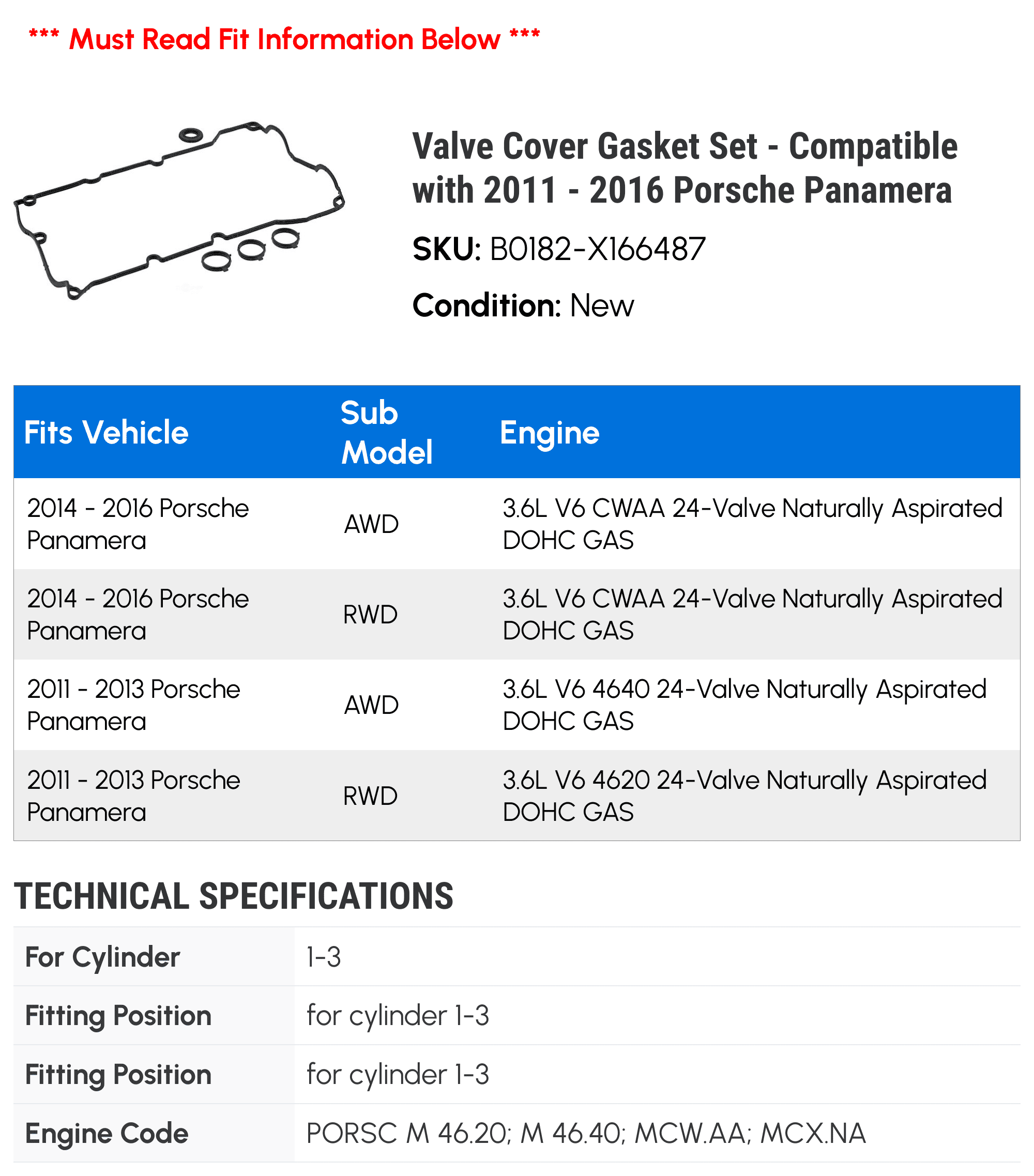 Valve Cover Gasket Set - Compatible with 2011 - 2016 Porsche Panamera 2012 2013 2014 2015