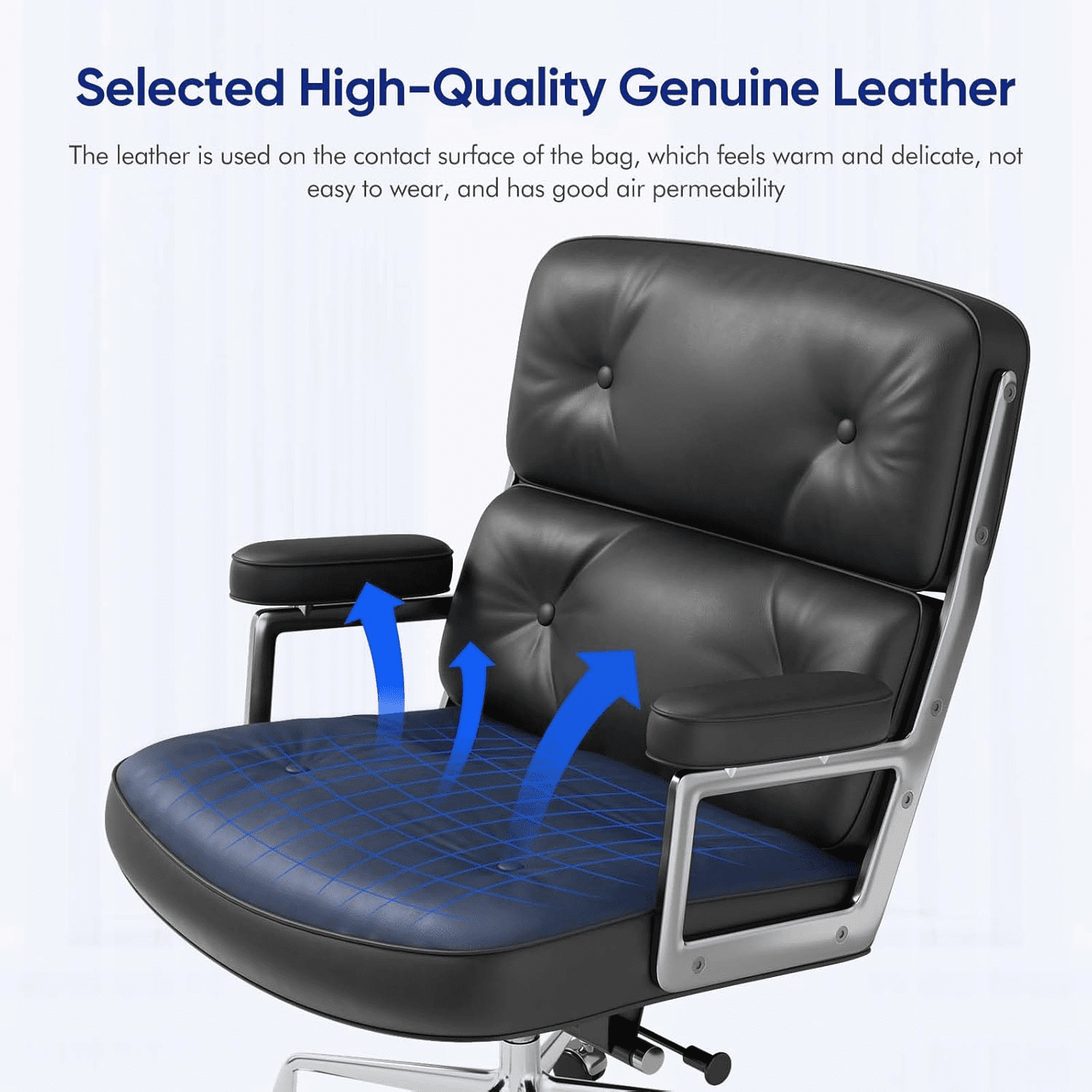 Cottinch Mid Back Genuine Leather Office Chair, Executive Desk Chairs with Aluminum Arms & Thickened Backrest, Ergonomic Office Chair Swivel Office Leather Chair with Lumbar Support, Black