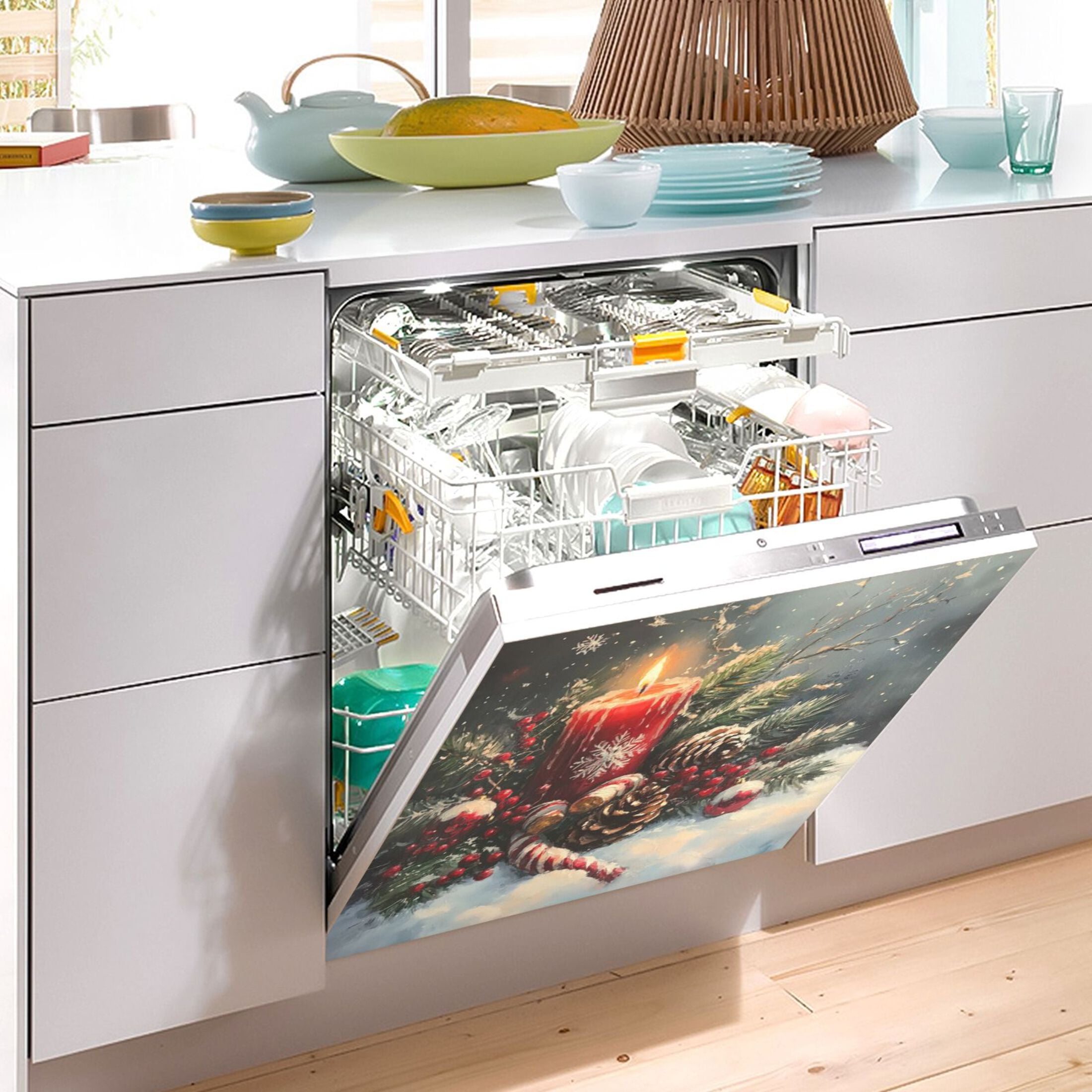 Dishwasher Magnetic Sticker 23x26 Inch Refrigerator Magnetic Sticker Washing Machine Magnetic Sticker Kitchen Panel Magnetic Sticker Home Decor Christmas Red Candle Picture