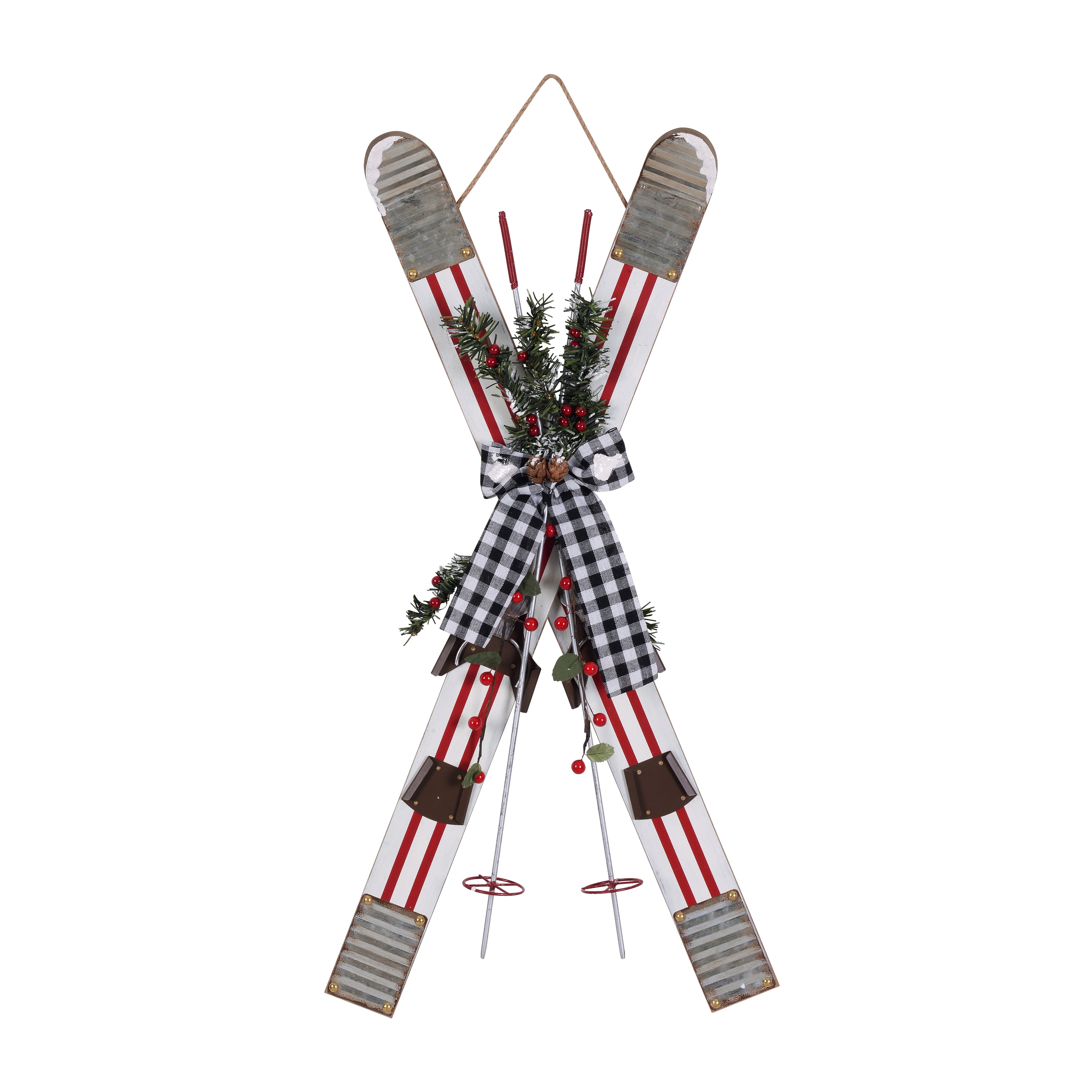 Holiday Time Crossed Snow Skis and Ski Poles Hanging Christmas
