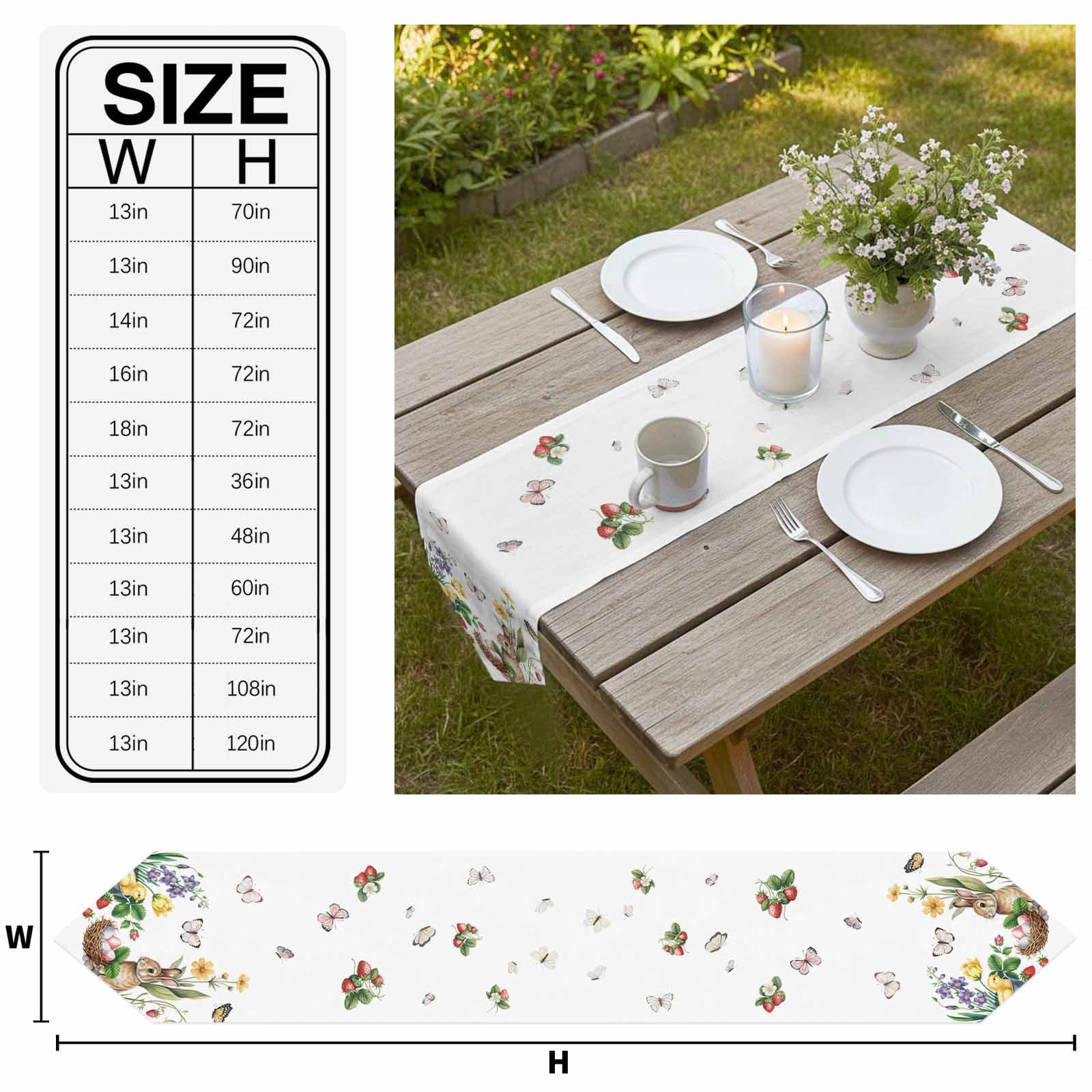 Spring Easter Table Runner Linen Burlap Table Runner 108 Inches Long Country Bunny Chick Floral Butterflies Watercolor Dresser Scarves for Kitchen Island Coffee Dining Party Holiday Decor 13"x108"