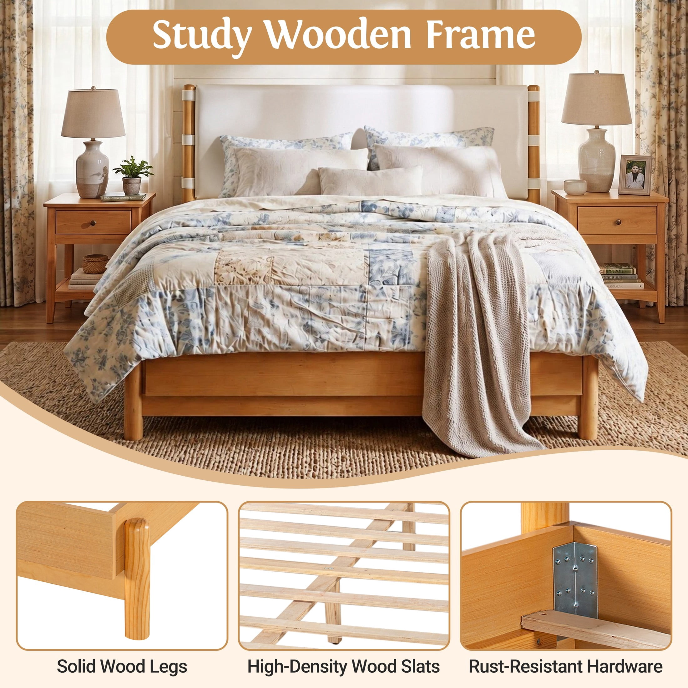 Christopher Knight Home Queen Modern Wood Platform Bed with PU Upholstered Headboard, Oak+Beige