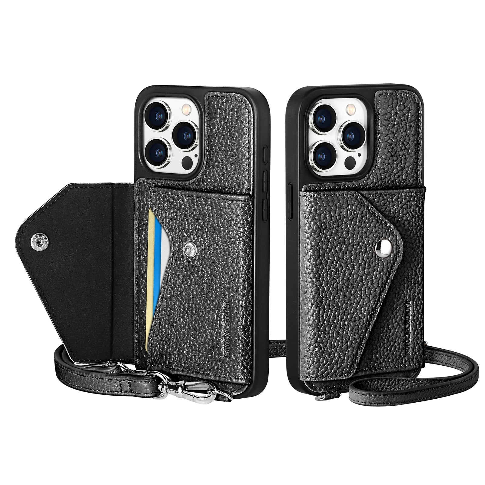 Handmade Genuine Leather Crossbody Wallet Phone Case for Apple iPhone 15 Pro 6.1-Inch,with Strap and Flip Wallet Card Holder,Shockproof Durable Scratch Protective