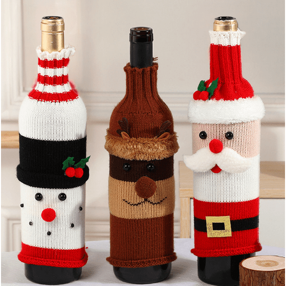 3D Christmas Wine Bottle Cover Cute Christmas Sweater Wine Bottle Cover Santa Snowman Reindeer Christmas Wine Bottle Ornaments for Wedding Holiday Wine Tasting Party Favorsand Table Setting - 3 Pcs