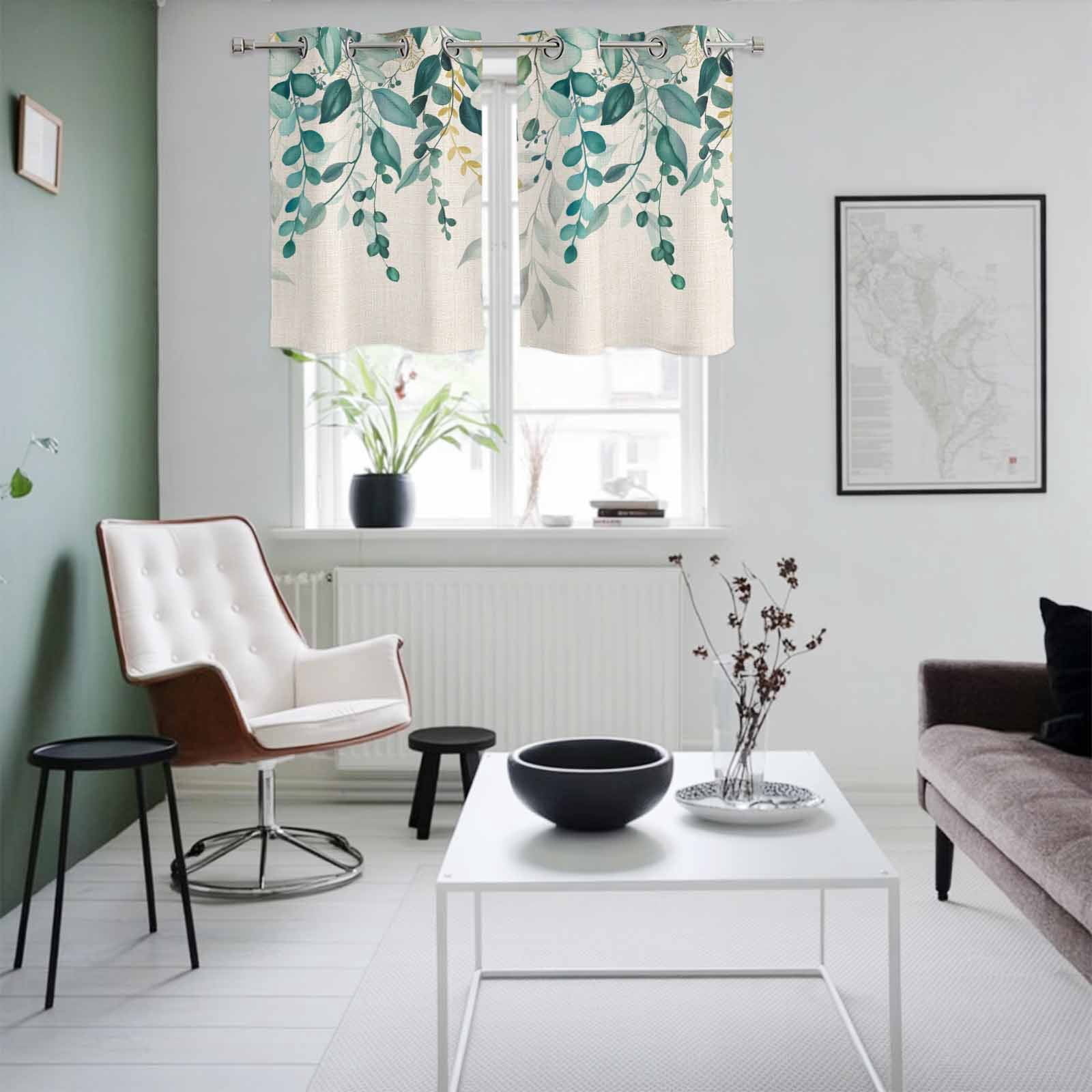 2 Panels Kitchen Tier Curtains 39 Inch Length, Teal Green Eucalyptus Grommets Window Treatment Curtain, Farmhouse Weeping Leaves Linen Thermal Curtains Drapes for Living Room/Bathroom