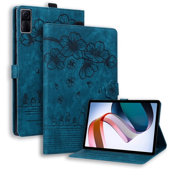 XYX Case for Xiaomi Redmi Pad 10.61 inch 2022 Released, Cherry Blossom Cat PU Leather Folio Stand Magnetic Shockproof Protective Cover (Blue)