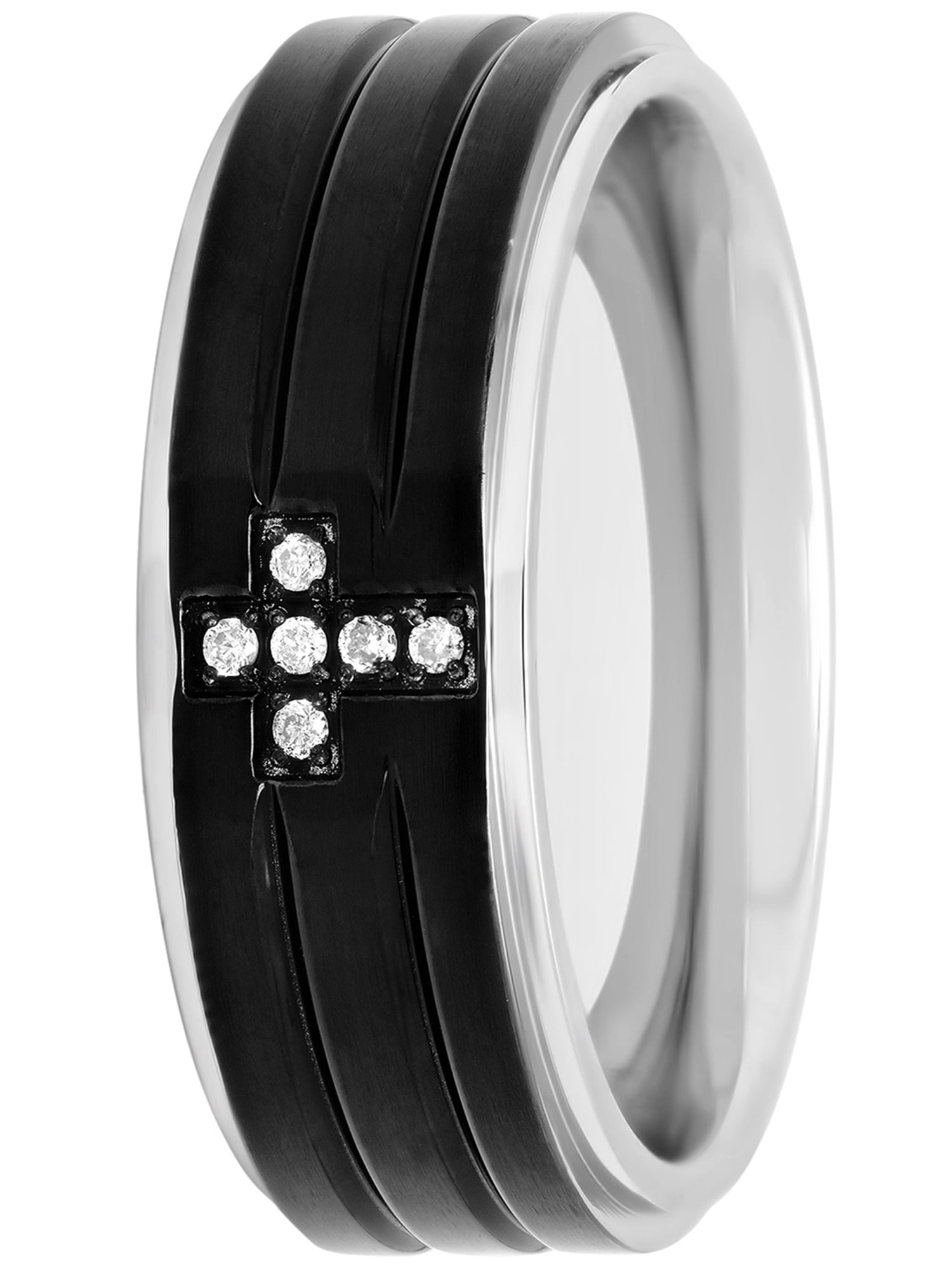 Mens Stainless Steel 8MM White Diamond Accent Cross Wedding Band
