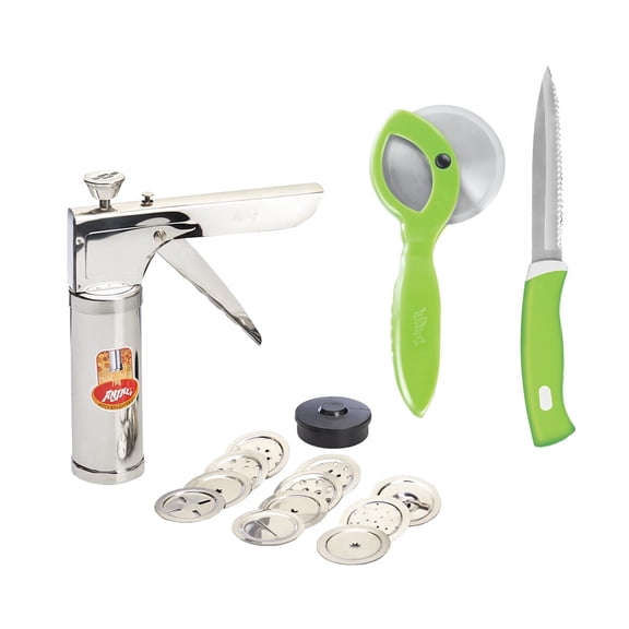 Anjali Stainless Steel Sev Sancha Maker, Pizza Cutter & 9.4-Inch Utility Kitchen Knife – Indian Snack Press for Chakli, Murukku, Sev – Manual Kitchen Tool Set for Home Cooking