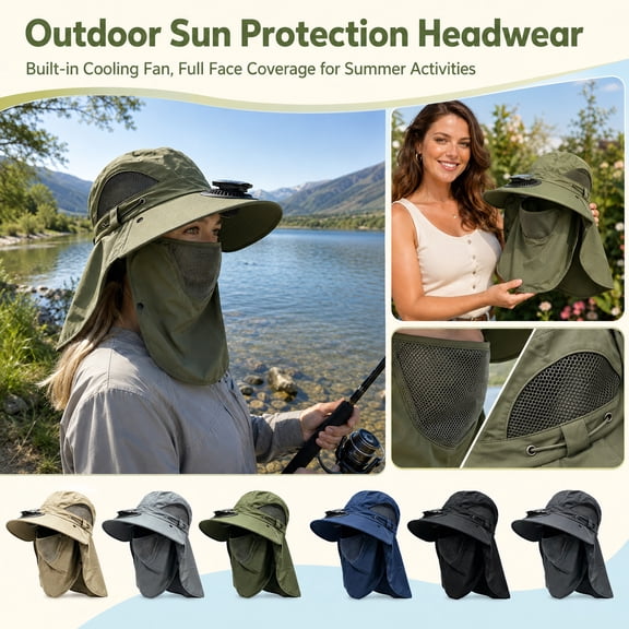 Unisex Outdoor Solar Fan Fishing Sun Hat with Removable Face Neck Flap, Wide Brim UV Protection Hat, Cooling Ventilated Headwear for Fishing, Hiking, Gardening and Summer Outdoor Activities