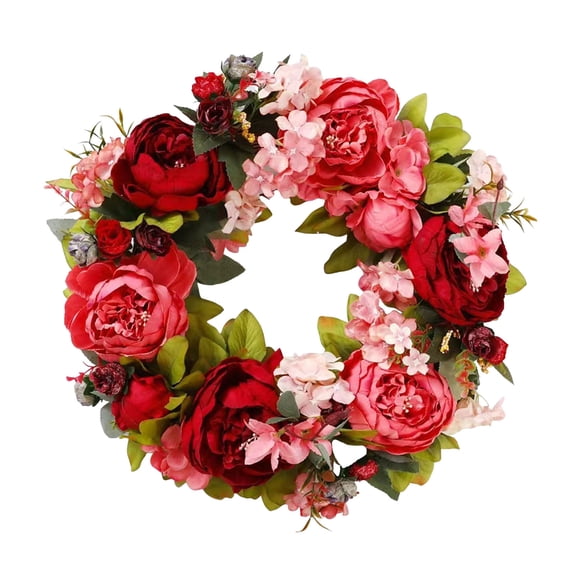 OIUR 40CM Artificial Peony Wreath Indoor Outdoor Front Door Wall Hanging Fake Flower Garland with Green Leaves Wedding Party Home Decoration