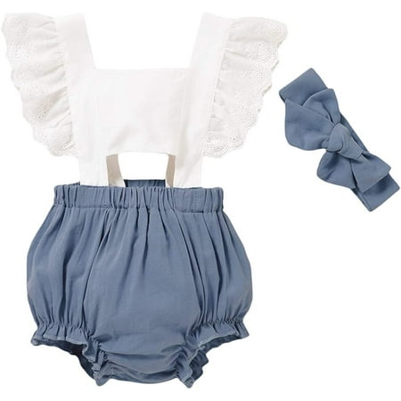 

Baby Girl Romper Ruffle Sleeveless Jumpsuit Cotton Bodysuit with Headband Summer Clothes Outfit