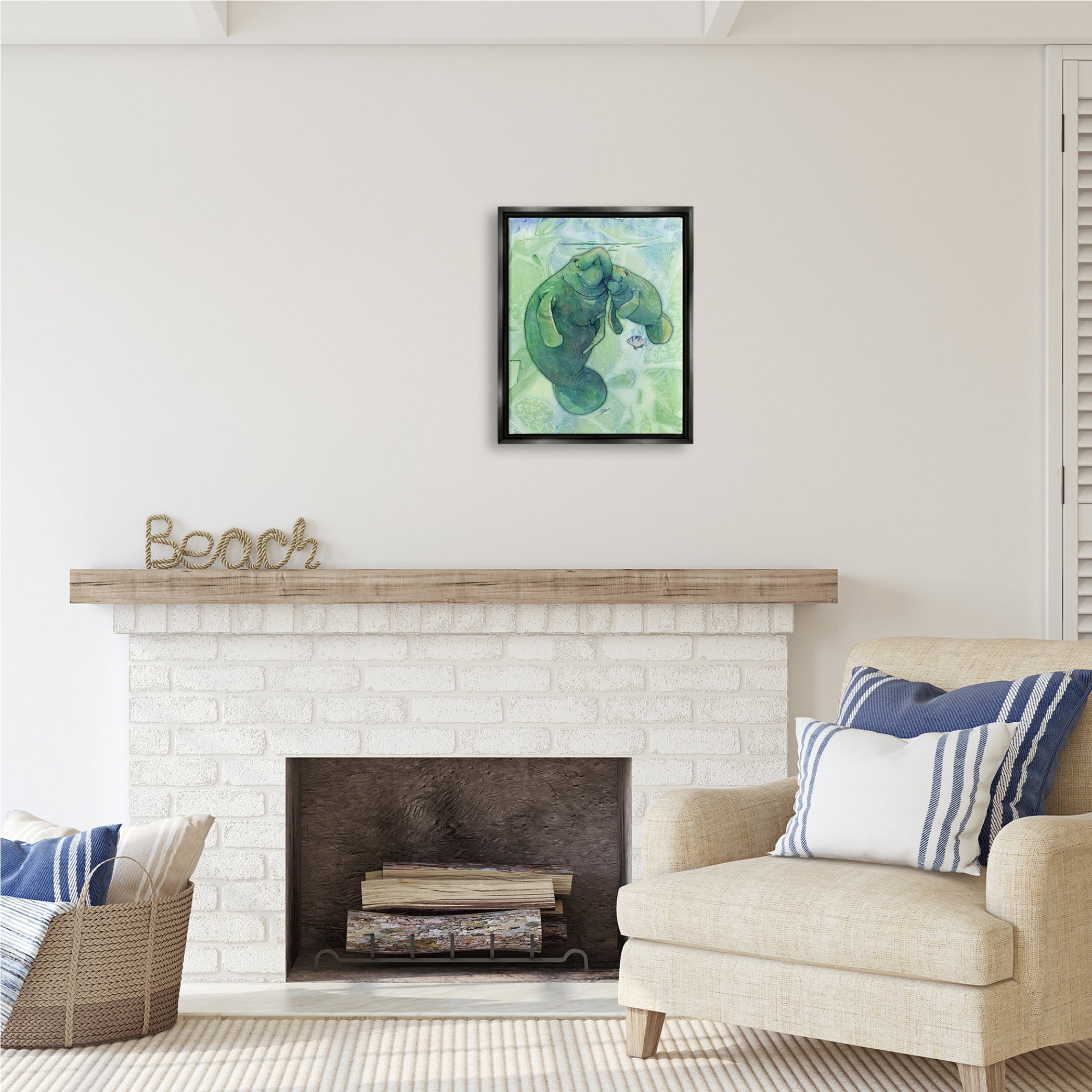 Stupell Industries Green Manatees & Fish Animals & Insects Painting Black Floater Framed Art Print Wall Art, 17 x 21