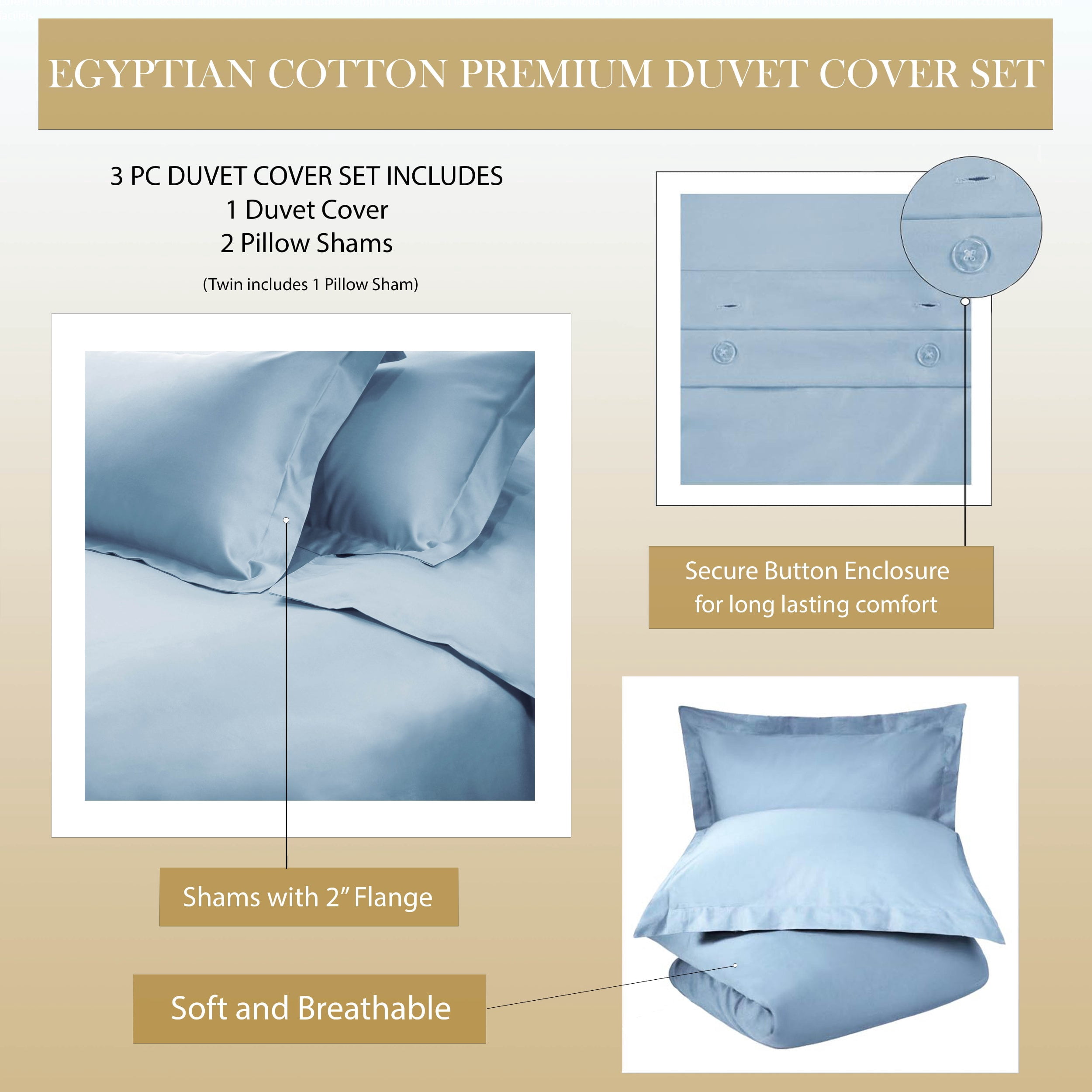 Superior Egyptian Cotton 530 Thread Count Duvet Cover Set, Full/Queen, Light Blue