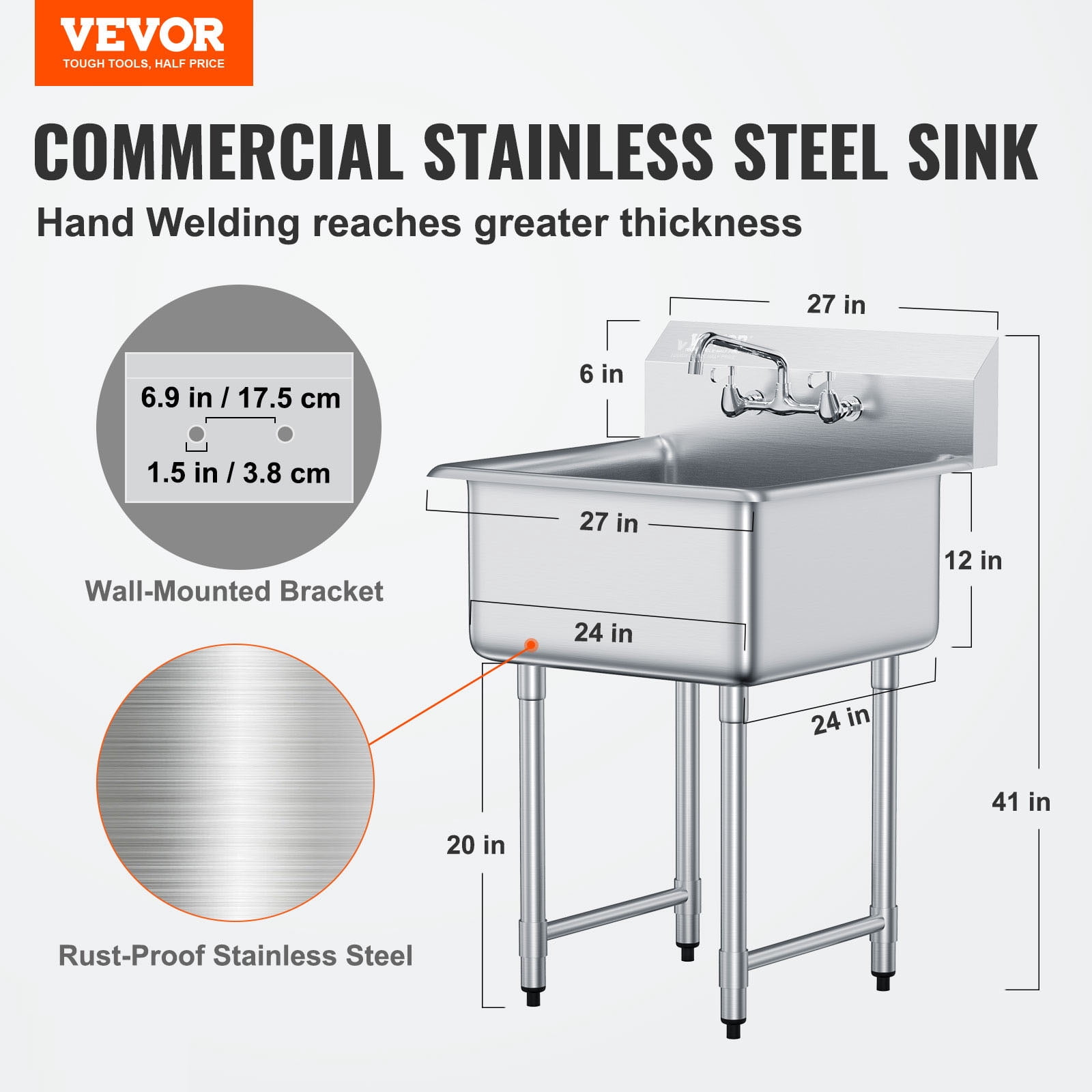 VEVOR Stainless Steel Prep & Utility Sink, 1 Compartment Free Standing Small Sink Include Faucet & legs, 27"x41" Commercial Single Bowl Sinks for Garage, Restaurant, Kitchen, Laundry