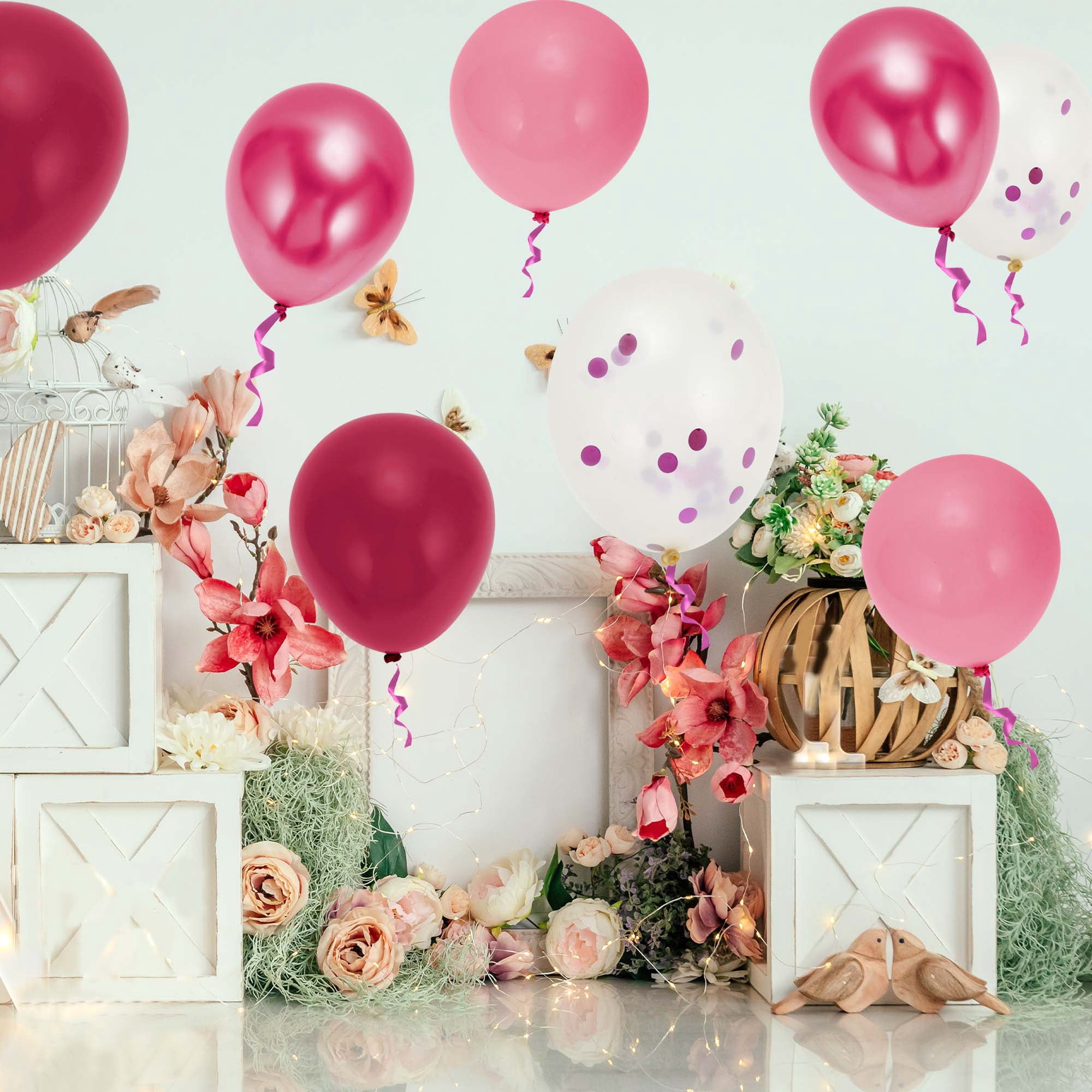Unique Bargains Latex Party Balloons with Ribbon Deep Pink Pink Light Pink 12inch 60Pcs