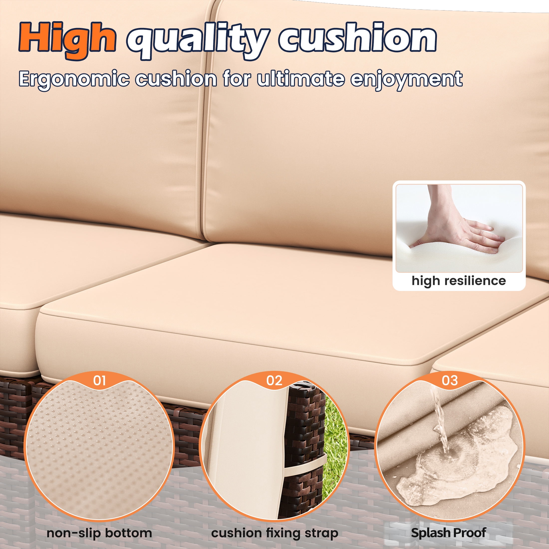 UDPATIO Patio Furniture Set with Fire Pit Table, Outdoor Patio Sofa Set With Wide Armrest, All-Weather Wicker Rattan Guest Set With Cushion And Glass Table And Waterproof Cover, Brown&Khaki