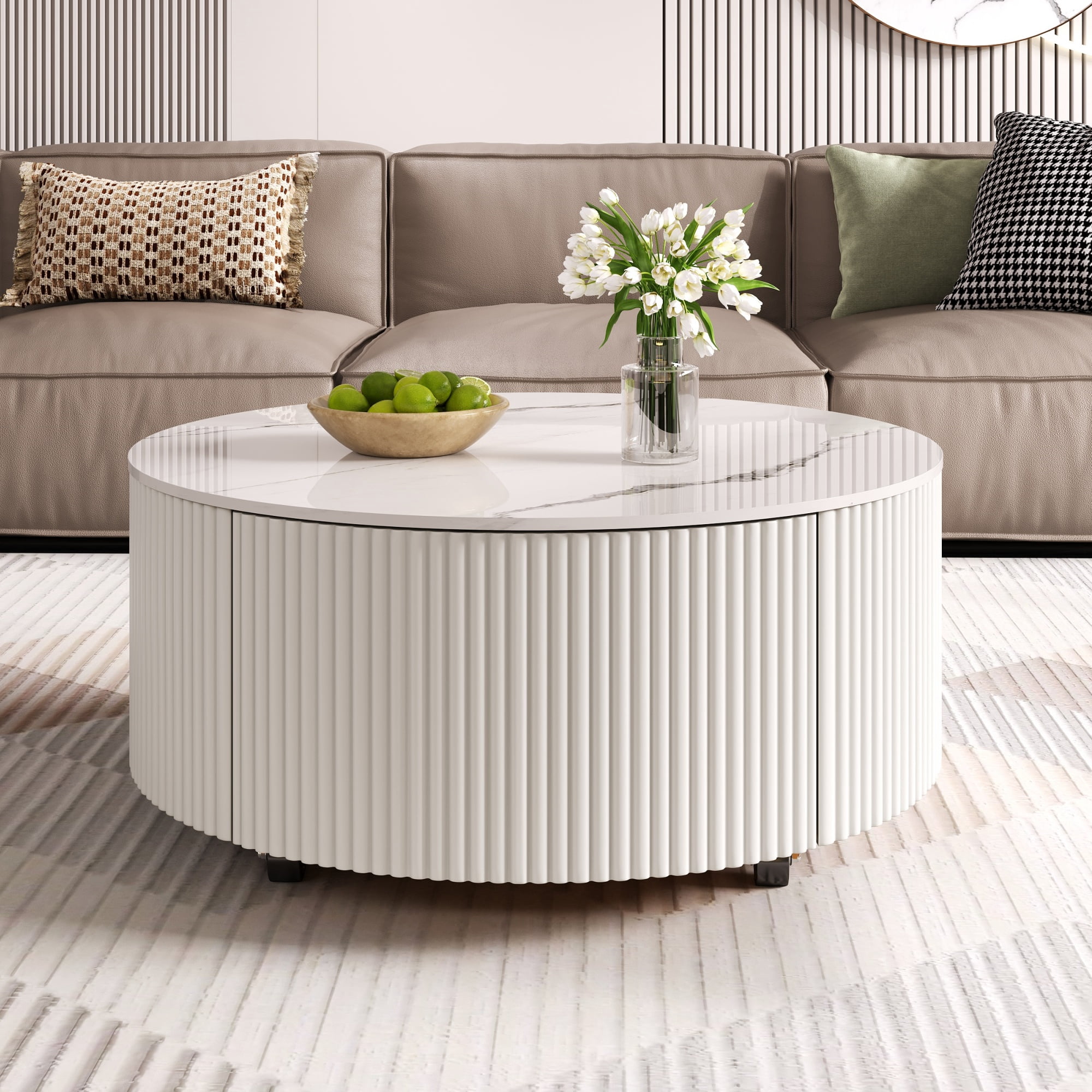 Euroco Modern Round Movable Coffee Table with Casters, 2 Drawers, Marble Pattern Sintered Stone Top, White, 29.5"