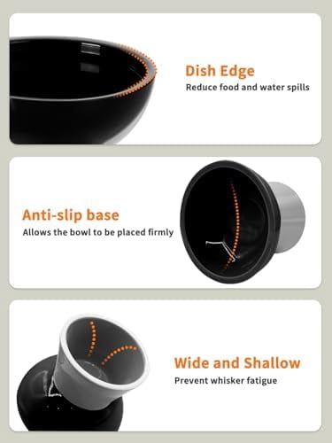 Elevated Cat Food and Water Bowls Set, Extra Wide and Raised Ceramic Feeder, Anti-Vomit Whisker-Free Pressure Feeding Bowl for Kittens Adult Small Dogs (Black, Food Bowl)