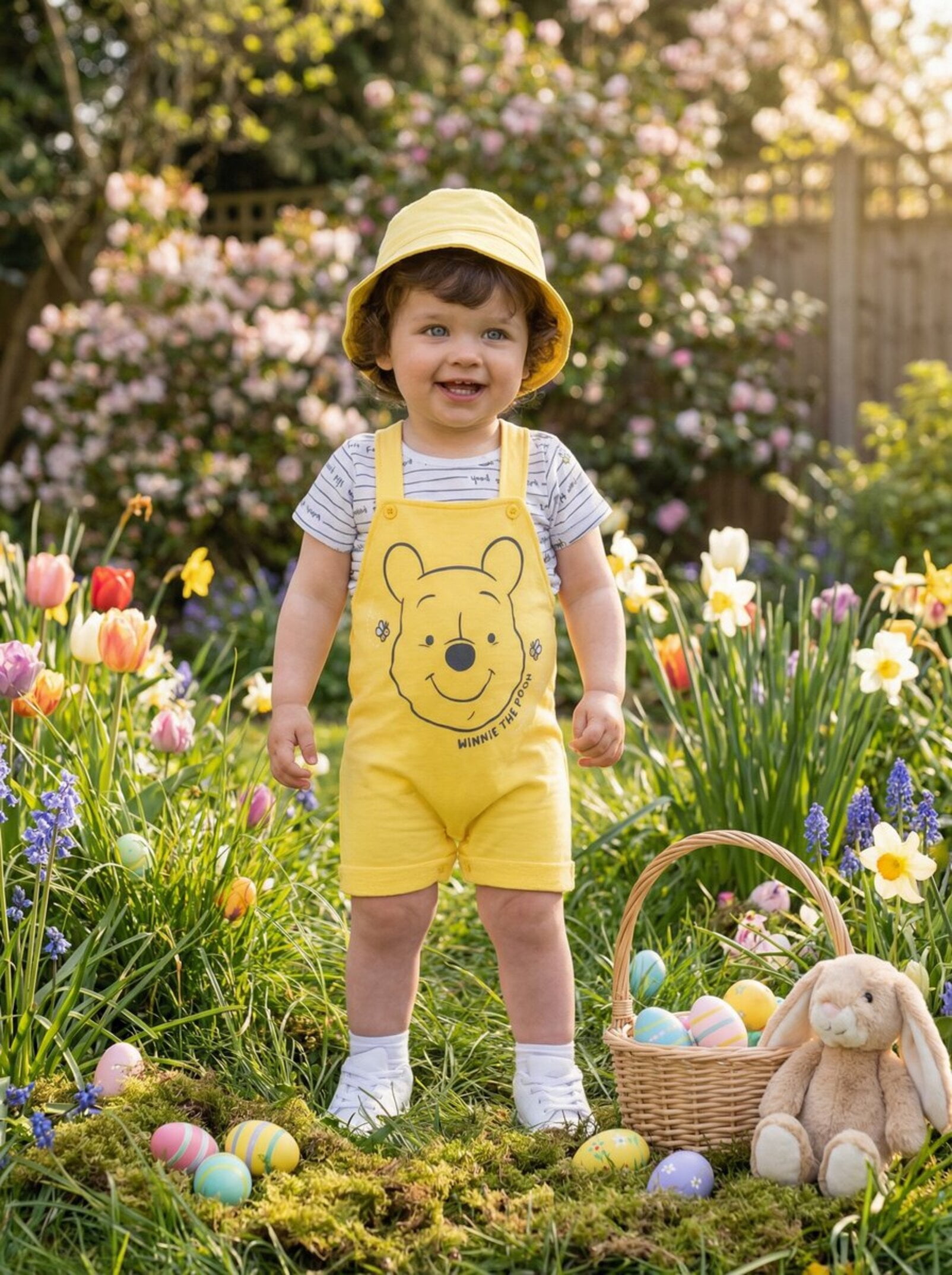 Disney Winnie the Pooh French Terry Short Overalls T-Shirt and Hat, 3-Piece Set