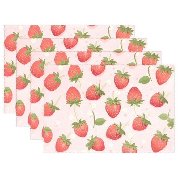 Strawberries 4 PCs Placemats Set Linen Non-Slip Table Mat Rectangular Washable for Dining Kitchen Party 12"x18"