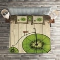 thumbnail image 2 of Ambesonne Kiwi Quilted Coverlet 3 Pcs, Retro Bike with Fruit Wheels, King Size, Lime Green Beige, 2 of 2