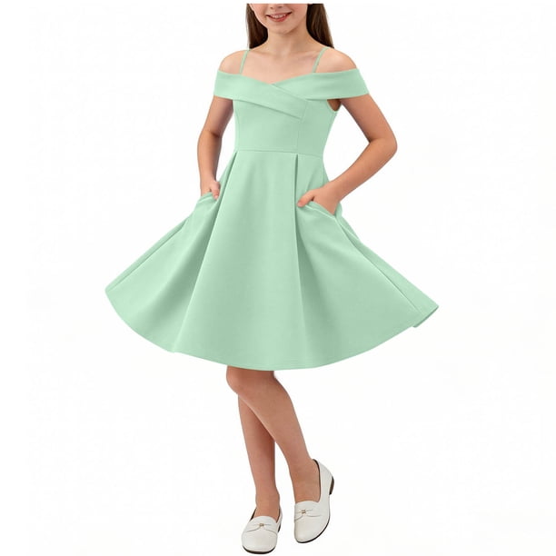 SGFCWSX Girls Formal Dress Off Shoulder A-Line with Pockets Skater for Wedding Bridesmaid Green Size 8-9 Years