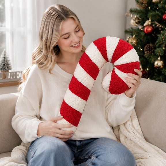 Christmas Candy Cane Throw Pillow, Red & White Striped Plush Cushion 38cm 190g Holiday Decorative Pillow for Sofa Couch Bed