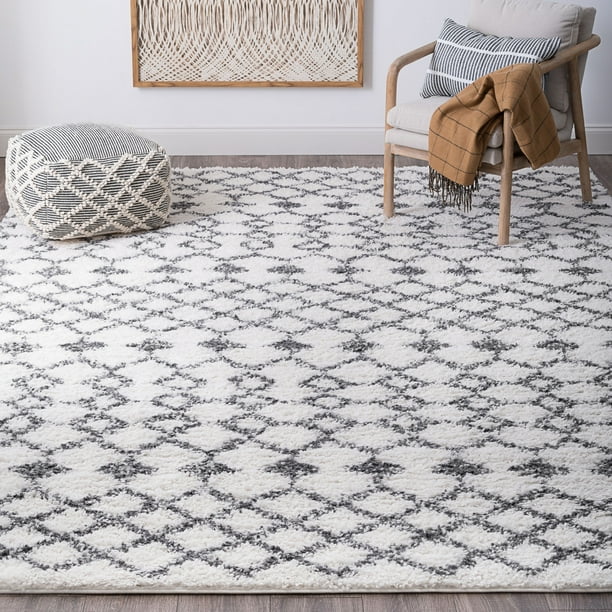 Transitional 5x7 Area Rug Shag Thick (5'3'' x 7'3'') Geometric White
