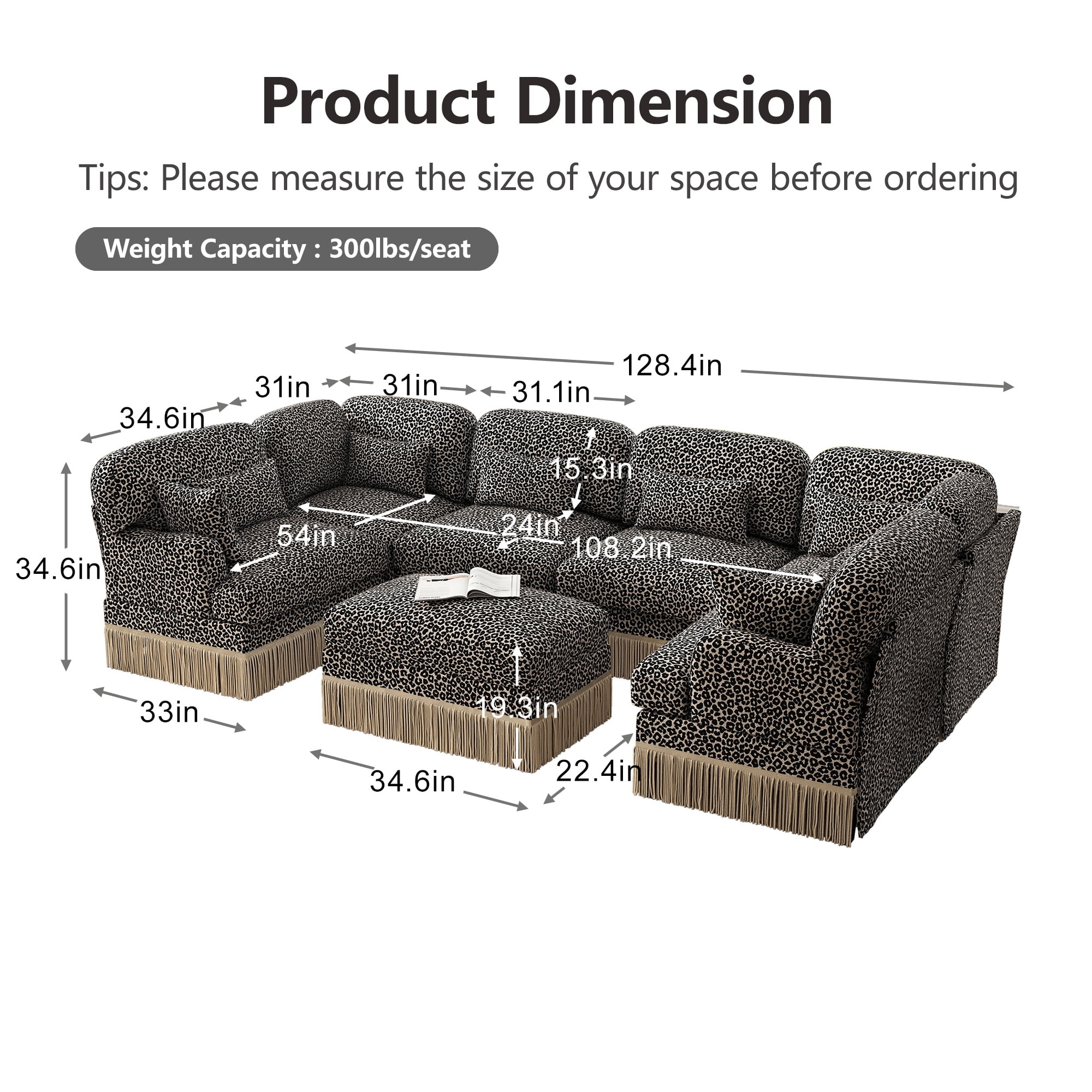 128" Oversized U Shaped 7 Seater Modular Sectional Corner Sofa with 8 Pillows and Ottoman