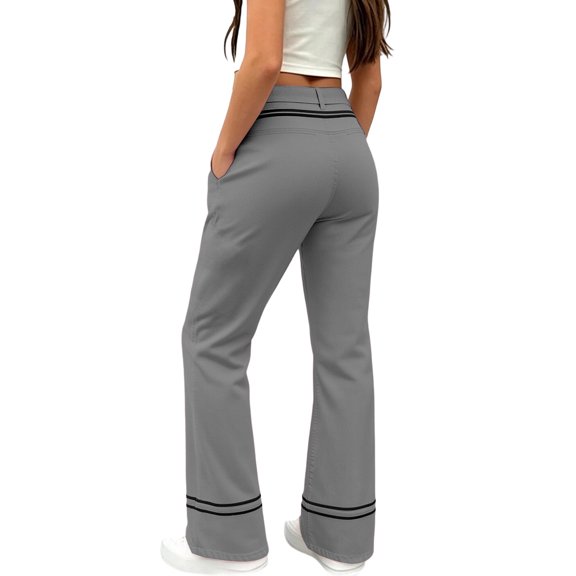 VBEWZET Girls Slim Fit Bootcut Pants, Double Striped Waist & Hem Flare Trousers with Pockets, Solid Casual School Bottoms for Kids Grey 9-10 Years